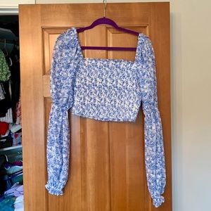 Tularosa Blue Floral Long Sleeve Crop Blouse